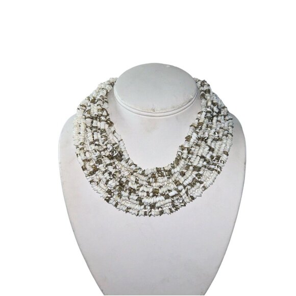 Vintage Jewelry White Shell-like Gold Tone Bead Heavy Fashion Bib Necklace